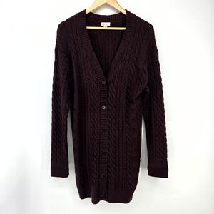 J FOR JUSTIFY Cardigan Women M Brown Cable Knit V-Neck Button Tunic Sweater